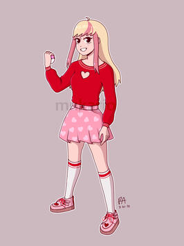 drawing of a girl with blonde and pink hair, standing in a fighting stance with a pink poké ball in her right hand.