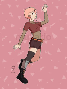 drawing of a girl with heterochromia. her left leg is made of metal. she jumps and reaches into the air.