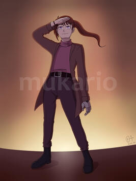 drawing of a boy with long brown hair leaning against a pole. his right arm is made of metal. he shields his eyes from the light