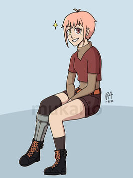 drawing of a girl with salmon-colored hair and heterochromia. her left leg is made of metal. she sits and smiles at the camera.