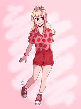 drawing of a girl with blonde and pink hair, wearing a strawberry-patterned shirt, glasses, and scrunchie.