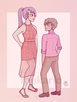 drawing of a tall girl and a short non-binary person. they&#39;re dressed in pink and stare at each other.