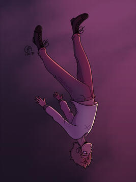 drawing of a non-binary person falling through the air, upside down.