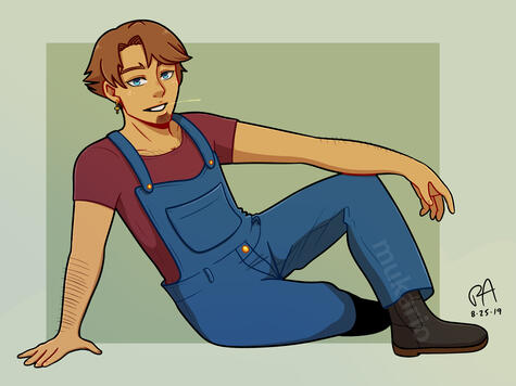 drawing of a tan brown-haired man in overalls. he sits on the ground, a piece of wheat hanging from his mouth.