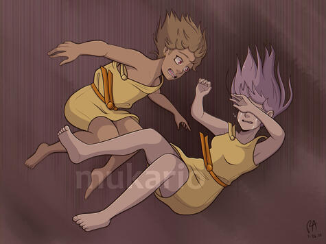 drawing of two characters, dressed in yellow robes, falling through the air. the right character is crying.